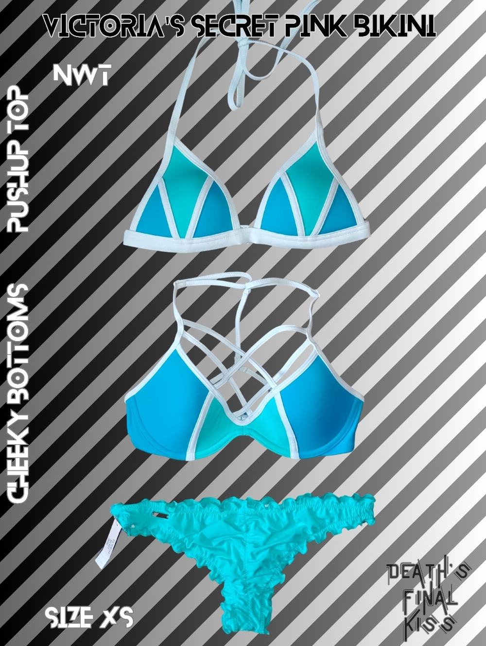 Victoria's Secret PINK Aqua Blue White Caged Pushup Ruffle Itsy Cheeky Bikini XS